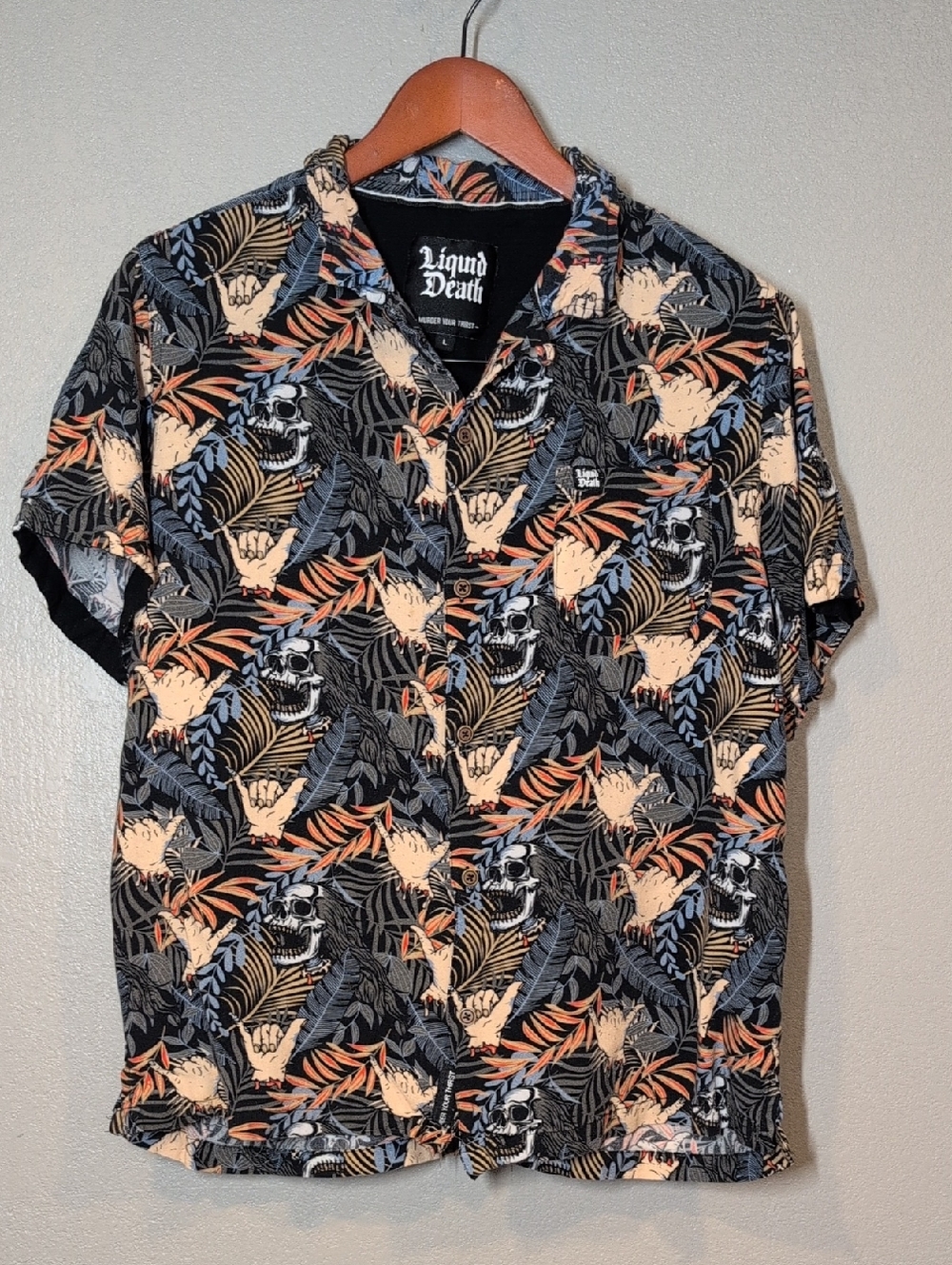 Men's Liquid Death Deathy Bahama Retro Black Tropical Skull Hawaiian Shirt